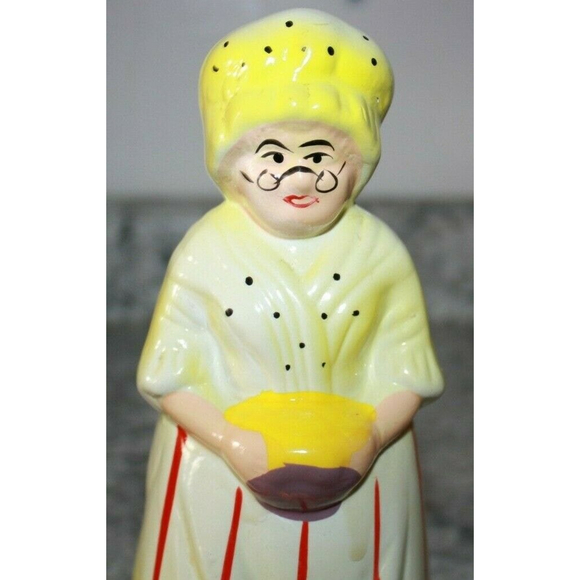 Vintage Old Woman Utensil Holder Or Planter, Yellow, Red Stripped Apron GUC - Picture 4 of 5